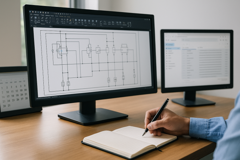 Poste de travail avec écran affichant un schéma électrique AutoCAD, calendrier en ligne et interface de messagerie visibles, contexte métier d’un technicien ou formateur industriel.