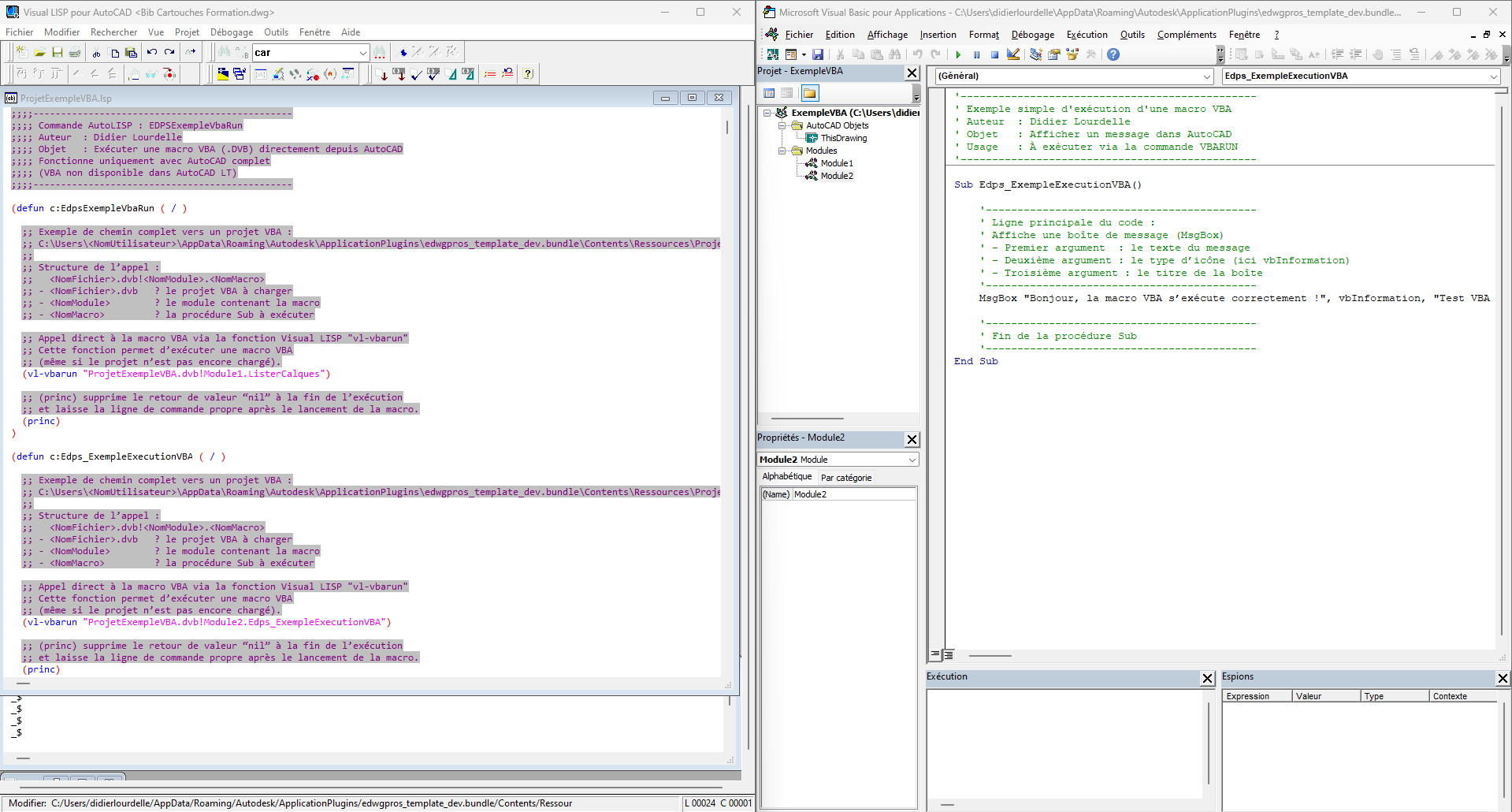 Interface Visual LISP et éditeur VBA d’AutoCAD — exemple de communication entre un script AutoLISP et une macro VBA via vl-vbarun.