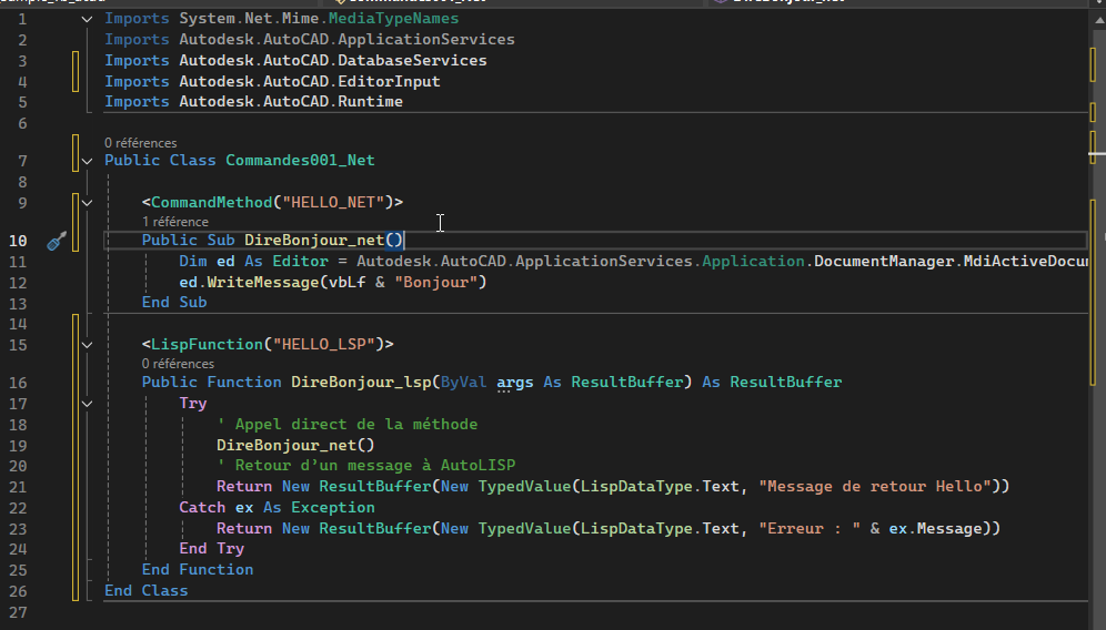 Code VB.NET AutoCAD montrant une commande .NET et une fonction AutoLISP HELLO_LSP