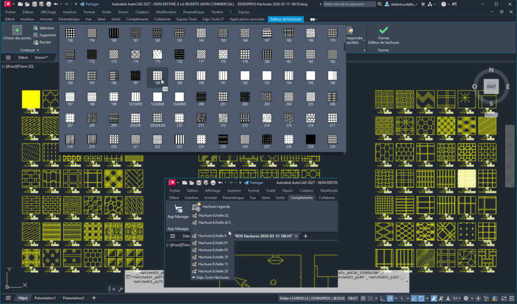 Plug-in entreprise EDWGPROS Hachures dans AutoCAD 2027 affichant une bibliothèque de plus de 230 motifs de hachures avec outils de gestion des échelles et de légende automatique, compatible AutoCAD LT 2024, AutoCAD Electrical, MEP, Architecture, Map 3D et Plant 3D.
