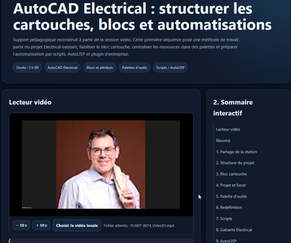 Capture d'écran d'un support interactif de formation AutoCAD Electrical avec sommaire, lecteur vidéo et chapitres sur les cartouches et blocs